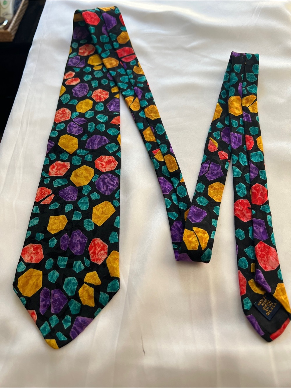 Colorful Gemstone Pattern Black Men's Tie Imported Pure Silk Handmade in USA